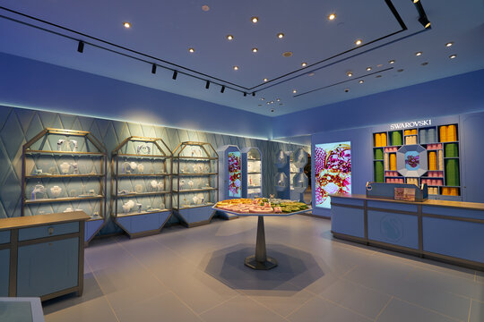 KUALA LUMPUR, MALAYSIA - MAY 27, 2023: interior shot of Swarovski store in LaLaport Bukit Bintang City Centre. Swarovski is an Austrian producer of glass.