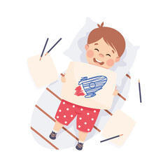 Little Boy Character Lying with Drawing on Paper Above View Vector Illustration
