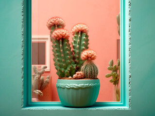 Cactus in a pot on the background of a window with a blue wall.AI Generated