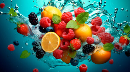 Water splash with fruits and berries on blue background. Healthy food concept.AI Generated