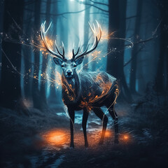 A reindeer with big antlers and all glowing Generative AI