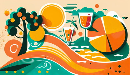 Conceptual stylized image on a summer theme with a sun lounger, orange, cocktails,abstract bright shapes.Generative AI