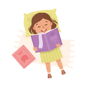 Little Girl Character Lying and Reading Book Above View Vector Illustration