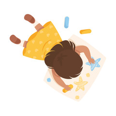 Little Girl Character Lying and Drawing with Crayons on Paper Above View Vector Illustration