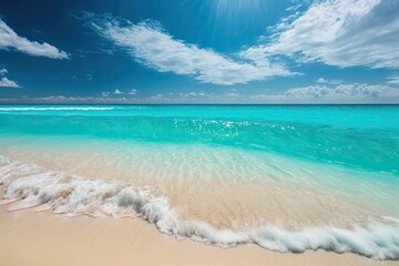 Beautiful beach scene from a tropical region. Sunny summer sky above the sea. Blue sky with light clouds, turquoise ocean with surf and clear sand. a clean environment in harmony. large Generative AI