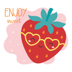 summer card with cute cartoon strawberry character