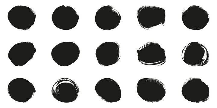 Round Brush Set. Black Grunge Frame in Circle Shape. Abstract Design of Watercolor Ink Paint. Swirl Graphic Element. Isolated Vector Illustration