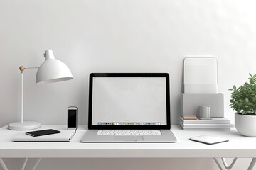 modern laptop computer on a minimalist white desk. Generative AI