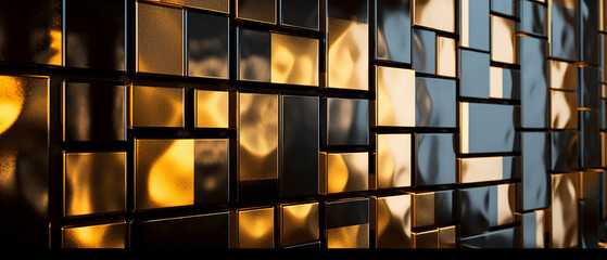 Close Up of Black Square Tile Backsplash - Backlit Black and Gold Geometric Pattern with Luster and Sheen - Modern Smooth Tiling Finish - Generative AI