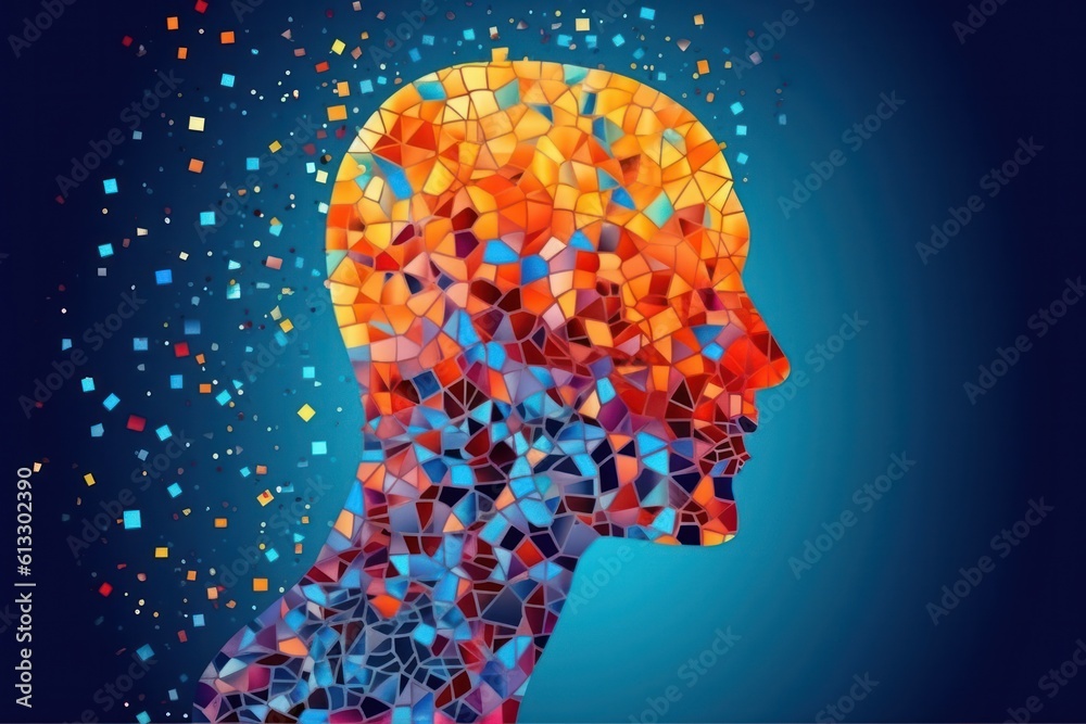 Wall mural bright multi-colored jigsaw mosaic pieces shaped as human head scattered on blue background