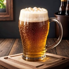 Glass of beer with foam on a wooden table in a pub. AI-generated