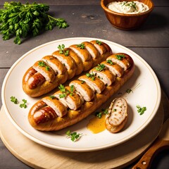 Grilled sausages with sauce and parsley on wooden background. AI-generated