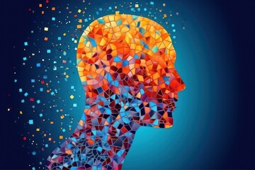 Bright multi-colored jigsaw mosaic pieces shaped as human head scattered on blue background - obrazy, fototapety, plakaty