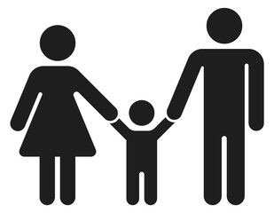 Mother and father holding hands with kid. Happy family black icon