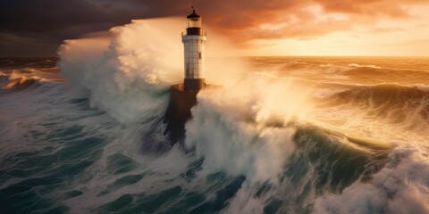 Lighthouse In Stormy Landscape - Leader And Vision Concept. A huge wave hitting a lighthouse, with a man inside at sunrise. Storm clouds in the sky.