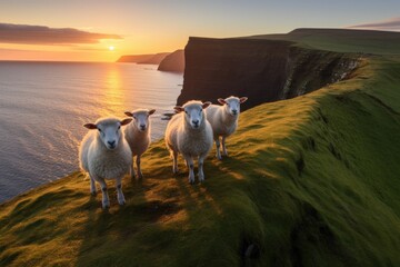 Faroe Islands landscape during the peak of summer. In the foreground, a group of fluffy white Faroese sheep is grazing peacefully on a vibrant green hillside, with a backdrop of steep cliffs - obrazy, fototapety, plakaty