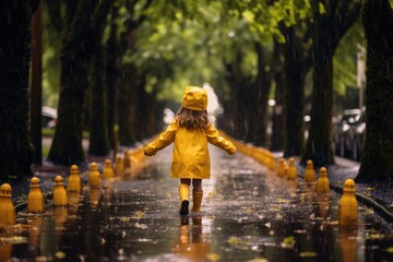 Young girl wearing rain yellow boots, jumping and splashing in puddles as rain falls around them. The shot convey a strong autumn vibe, be a close - up.