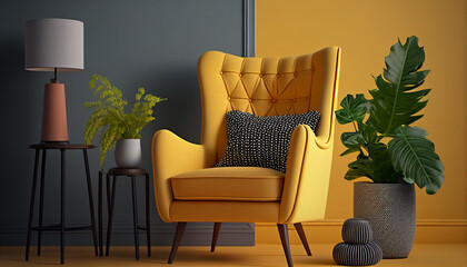Living room interior, Interior design of a living room with a cloth recliner, a lampbook, and a plant, Generative AI