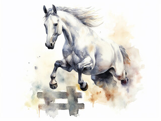 illustrazione in stile acquerello di strepitoso cavallo bianco  da salto che salta un ostacolo molto alto, gare equestri, clip art di cavallo in stile acquerello, ai ,  - obrazy, fototapety, plakaty