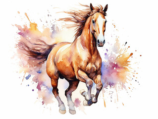 illustrazione in stile acquerello di strepitoso cavallo marrone da salto che salta un ostacolo molto alto, gare equestri, clip art di cavallo in stile acquerello, ai , 