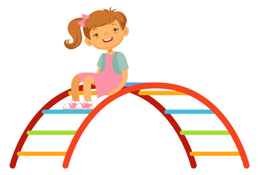 Happy girl on jungle gym. Cartoon kid playground