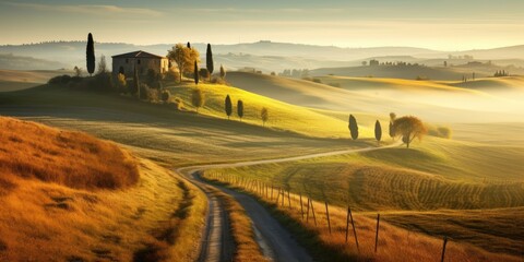 Rolling hills of Tuscany at golden hour, fog.