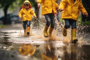 Several children wearing rain yellow boots, jumping and splashing in puddles as rain falls around them. The shot convey a strong summer vibe, be a close - up. - obrazy, fototapety, plakaty