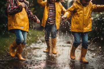 Several children wearing rain yellow boots, jumping and splashing in puddles as rain falls around them. The shot convey a strong summer vibe, be a close - up.