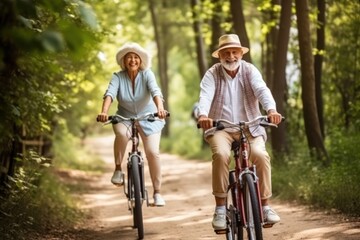 Fototapeta na wymiar Joyful senior couple pedaling bikes along park path, delighting in outdoor adventure