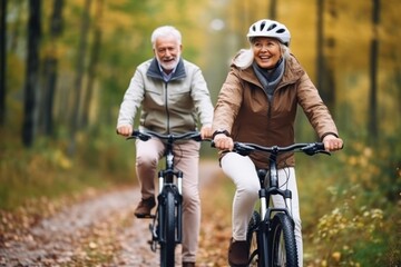 Fototapeta na wymiar grey-haired couple enjoying a bike ride on the park road