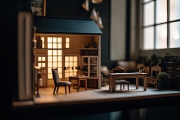 miniature house with furniture set up for playtime. Generative AI