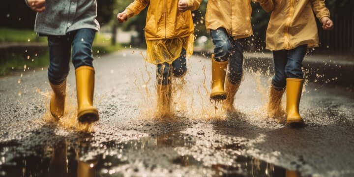 Several children wearing rain yellow boots, jumping and splashing in puddles as rain falls around them. The shot convey a strong summer vibe, be a close - up.