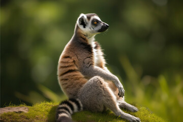 Naklejka na ściany i meble Close-up portrait of a lemur sitting casually - isolated, copy space, Generative AI