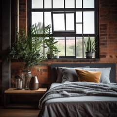Dutch Style Interior Design - Modern Industrial Loft Bedroom with Rustic Wood, Beautiful Accessories, and Gorgeous Metal Window - Plants - Generative AI