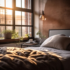 Dutch Style Interior Design - Modern Industrial Loft Bedroom with Rustic Wood, Beautiful Accessories, and Gorgeous Metal Window - Plants - Generative AI