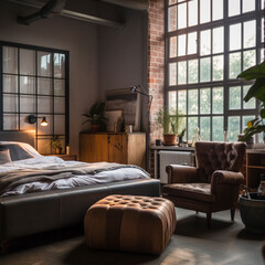 Dutch Style Interior Design - Modern Industrial Loft Bedroom with Rustic Wood, Beautiful Accessories, and Gorgeous Metal Window - Plants - Generative AI
