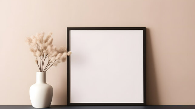 Empty horizontal frame mockup in modern minimalist interior with plant in trendy vase on beige wall background. Template for artwork, painting, photo or poster