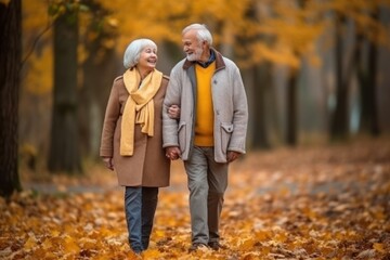 Happy senior man and woman walking on scattered yellowed leaves in scenic autumn park