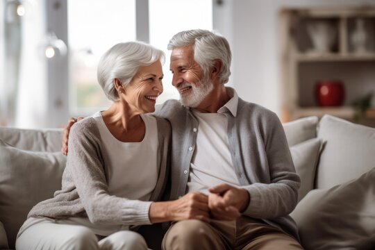 Exuding joy and love, a grey-haired senior couple holds hands on sofa, smiles brightly at home.