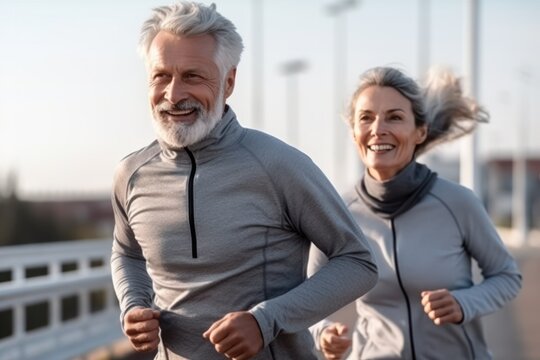 Cheerful pensioners in sportswear enjoying morning jogging on bridge in city