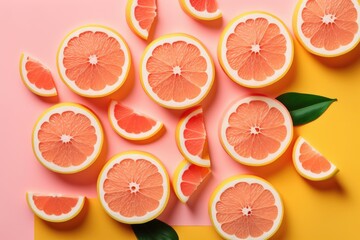 Grapefruit slices are sliced on a pastel pink background. The concept of minimum fruit. Generative AI