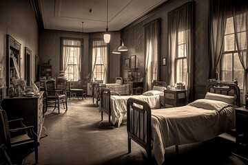 illustration, the flu room in the hospital, during the Spanish flu epidemic, ai generative - obrazy, fototapety, plakaty