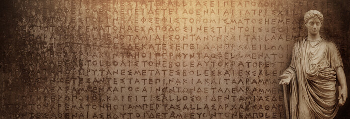 Ancient statues on the antique text. Ancient Greek and Roman, empire of Alexander, Roman Empire background. Background on the theme of ancient culture, archeology and history.