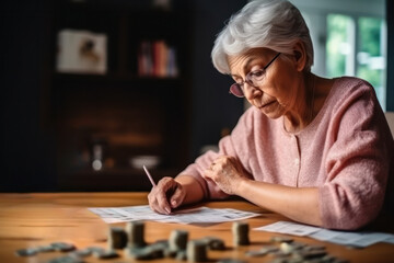 Fototapeta premium Focused senior woman in glasses writing down calculations sitting at table near stacks of coins