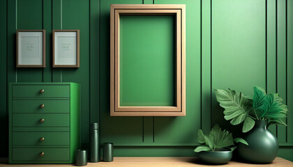 Mockup photo frame green wall mounted on the wooden cabinet, Generative AI