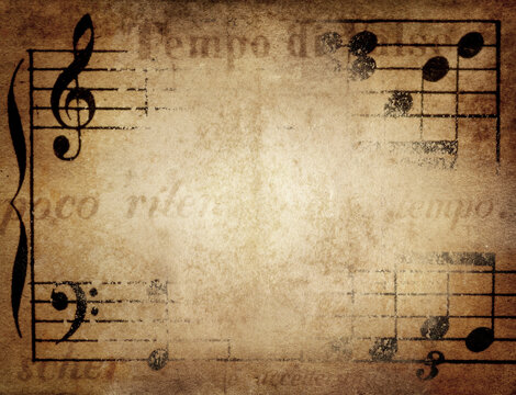 Musical notes on old paper. Overlay effect. Musical background
