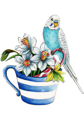 Parot with spring flowers and mug.Idea for pets.Prints for posters,stickers,postcards,home decor,mugs,bags,caps,cups,t-shirts,aprons.