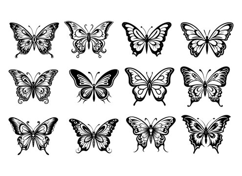 Black outline silhouette butterfly vector set. Collection of insects. Mascot icons illustration.