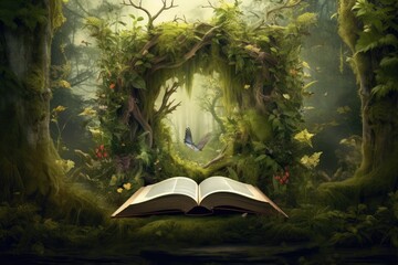 A book nestled in the enchanting forest, surrounded by lush moss and towering trees, inviting you to embark on a literary journey