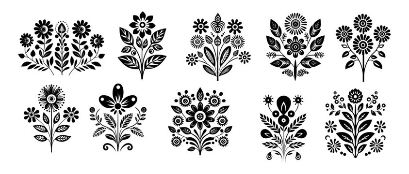 Black silhouette symmetrical flowers. Scandinavian folk art vector illustration. Floral composition art drawing.